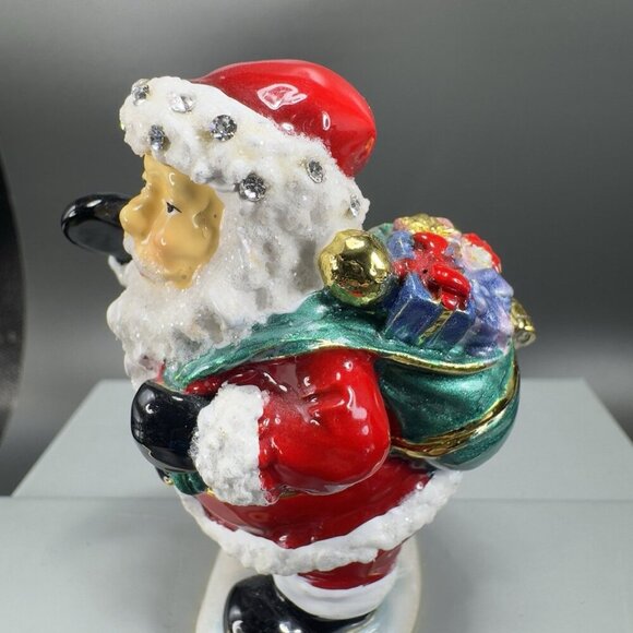 Santa Claus Christmas Enamel Over Metal Bejeweled Hinged Trinket Box Pill Box - Picture 8 of 13